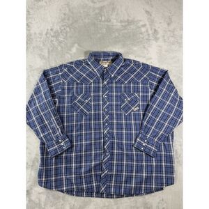 Wrangler Wrancher Shirt Mens 3XL Blue Plaid Pearl Snap Long Sleeve